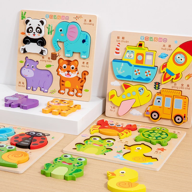 Wooden Four-In-One Three-Dimensional Puzzle 0-3 Kindergarten Montessori Early Education Enlightenment Cognition Matching Children'S Puzzle Toy - Image 5